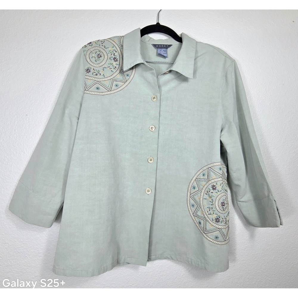Koret Womens Sage Green Embroidered Linen Blend Button Up Blouse/Jacket Size M